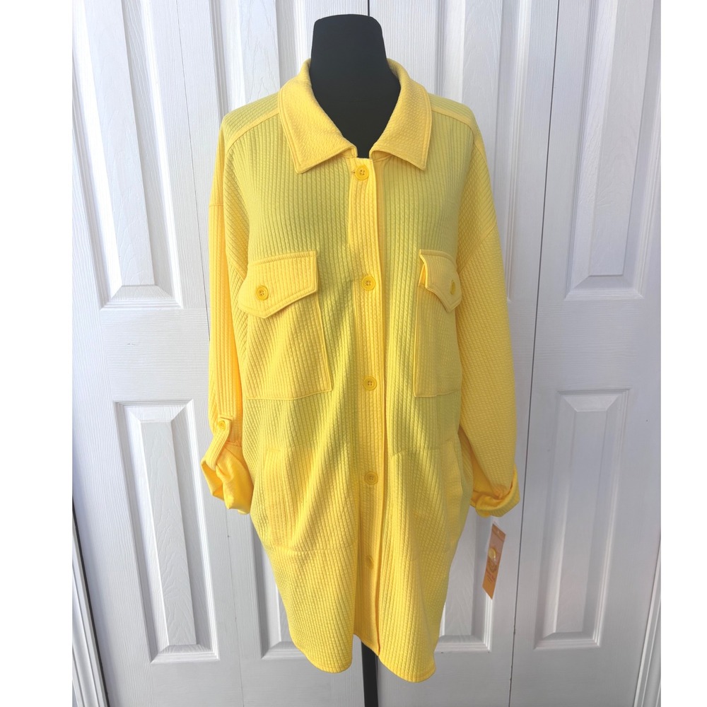 Ruby Rd. Woman Yellow Waffle Knit Button Front Shirt Jacket Size 2X